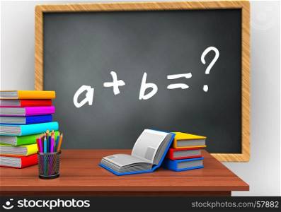 3d illustration of grey chalkboard with math exercise text and books. 3d math exercise