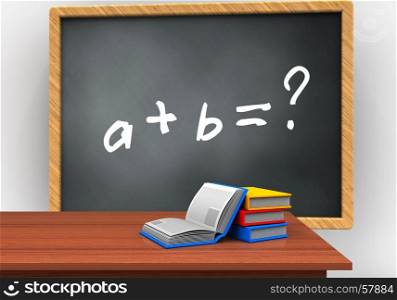 3d illustration of grey chalkboard with math exercise text and books. 3d teacher desk