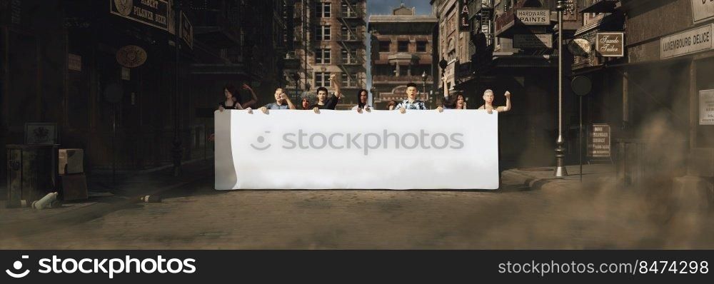 3d illustration of group of people demonstrating on the street, blank banner