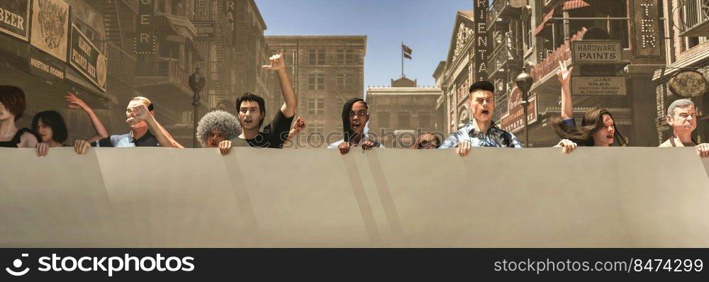 3d illustration of group of people demonstrating on the street, blank banner