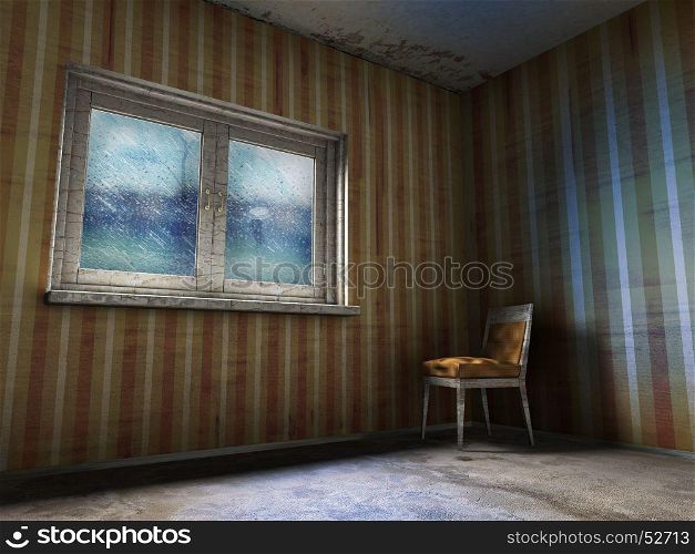 3d illustration of grunge room with rain in window