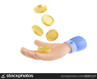 3D illustration of hand with money isolated on white background. Golden coins dropping in open human palm. Symbol of earning, receiving bank interest, winning lottery, successful financial transaction. 3D illustration of hand with money on white
