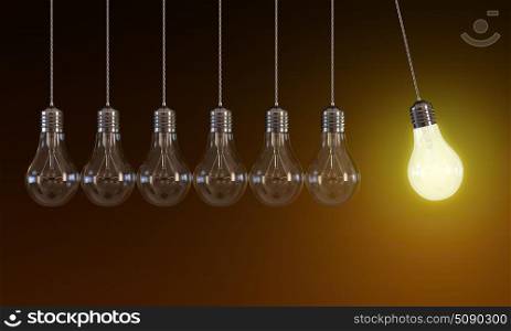 3d illustration of hanging light bulbs in perpetual motion with one glowing light bulb on orange background