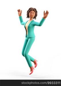 3D illustration of happy african american woman jumping celebrating success. Cartoon winning smiling elegant businesswoman in green suit with her hands in the air, isolated on white background.
