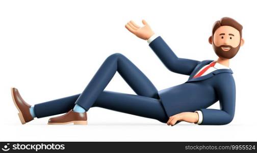 3D illustration of happy bearded man lying on the floor. Cute cartoon smiling businessman in full length pointing hand, isolated on white background.