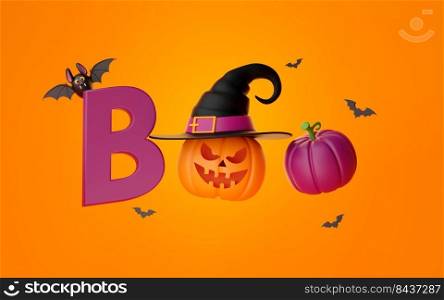 3d illustration of Happy Halloween banner with Jack O Lantern pumpkins