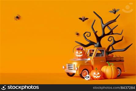 3d illustration of Happy Halloween banner with Jack O Lantern pumpkins and Halloween truck
