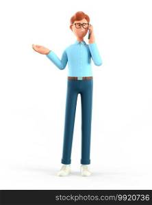 3D illustration of happy man talking on smartphone and gesturing hand. Cute cartoon smiling businessman on the phone call, isolated on white.