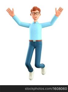 3D illustration of happy smiling man jumping celebrating success. Cartoon winning businessman with his hands in the air, isolated on white background.