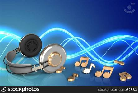 3d illustration of headphones over sound background with notes. 3d notes blank