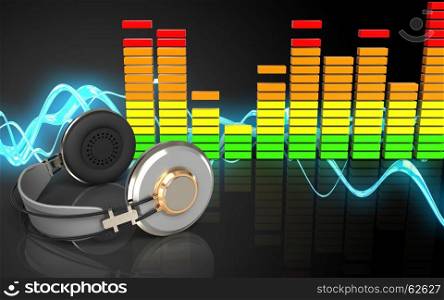 3d illustration of headphones over sound wave black background. 3d audio spectrum audio spectrum