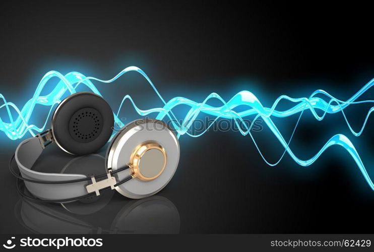 3d illustration of headphones over sound wave black background. 3d blank blank