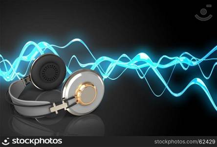 3d illustration of headphones over sound wave black background. 3d blank blank