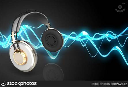 3d illustration of headphones over sound wave black background. 3d blank headphones