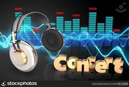 3d illustration of headphones over sound wave black background with concert sign. 3d concert sign spectrum