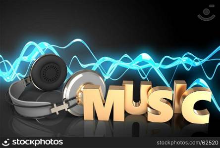 3d illustration of headphones over sound wave black background with music sign. 3d music sign blank