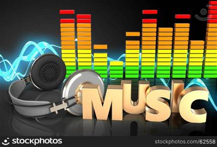 3d illustration of headphones over sound wave black background with music sign. 3d music sign audio spectrum