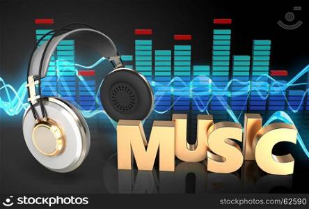3d illustration of headphones over sound wave black background with music sign. 3d headphones music sign