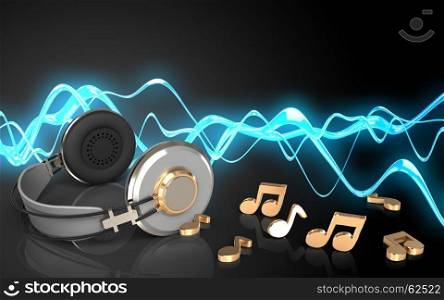 3d illustration of headphones over sound wave black background with notes. 3d blank headphones