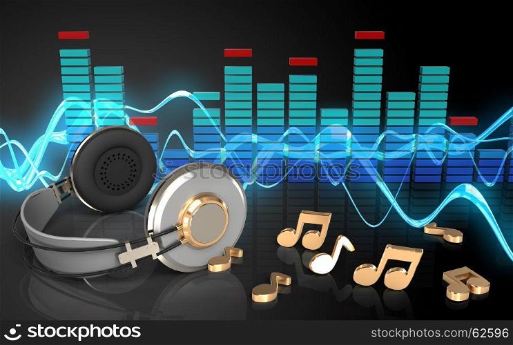 3d illustration of headphones over sound wave black background with notes. 3d headphones notes
