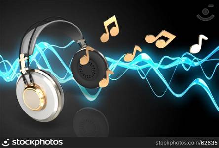 3d illustration of headphones over sound wave black background with notes. 3d headphones notes