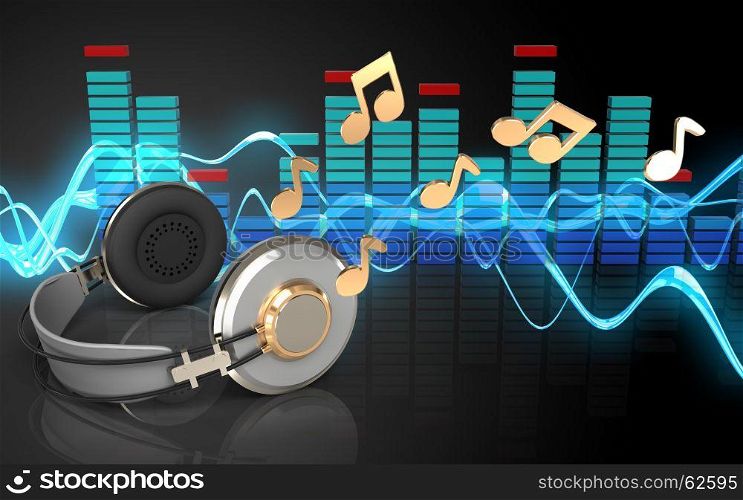 3d illustration of headphones over sound wave black background with notes. 3d headphones spectrum
