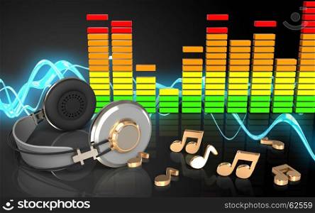 3d illustration of headphones over sound wave black background with notes. 3d notes audio spectrum