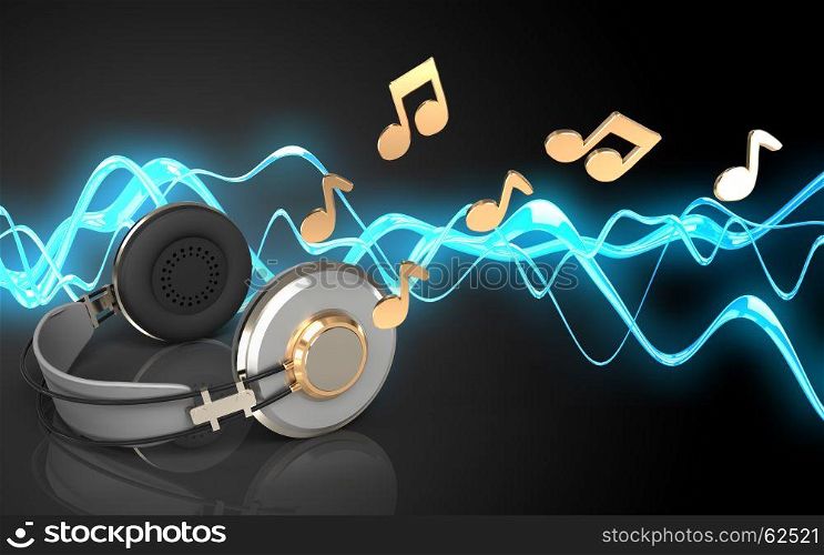 3d illustration of headphones over sound wave black background with notes. 3d notes headphones