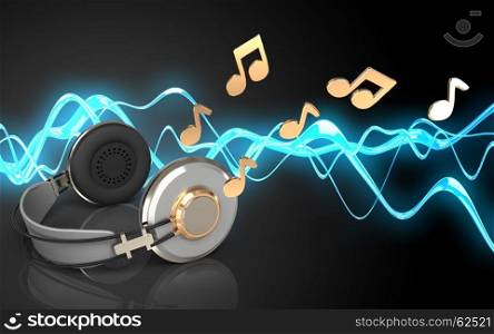 3d illustration of headphones over sound wave black background with notes. 3d notes headphones
