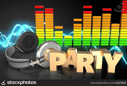 3d illustration of headphones over sound wave black background with party sign. 3d audio spectrum party sign