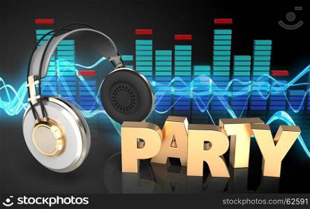 3d illustration of headphones over sound wave black background with party sign. 3d party sign party sign