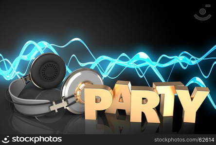 3d illustration of headphones over sound wave black background with party sign. 3d party sign blank