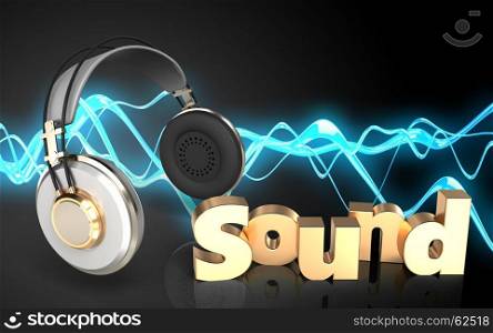 3d illustration of headphones over sound wave black background with 'sound' sign. 3d headphones headphones