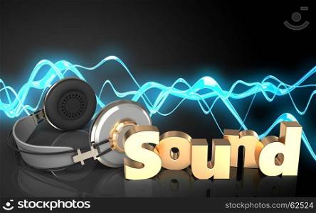 3d illustration of headphones over sound wave black background with 'sound' sign. 3d headphones headphones