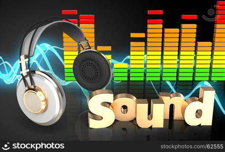 3d illustration of headphones over sound wave black background with 'sound' sign. 3d 'sound' sign headphones