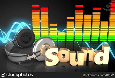 3d illustration of headphones over sound wave black background with 'sound' sign. 3d audio spectrum audio spectrum