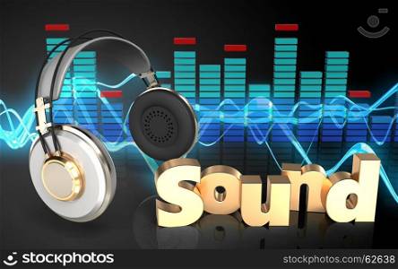 3d illustration of headphones over sound wave black background with 'sound' sign. 3d headphones spectrum
