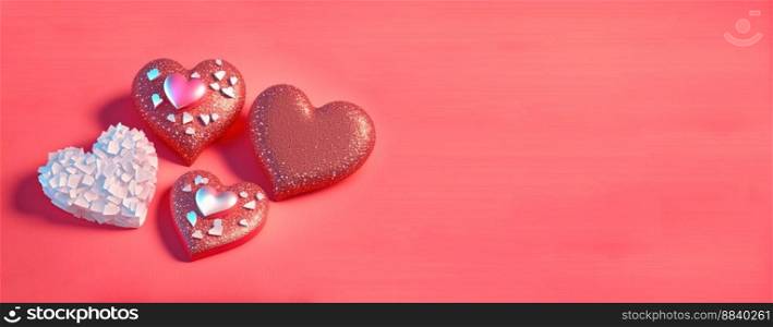 3D illustration of heart like crystal diamond for valentine&rsquo;s day banner and background