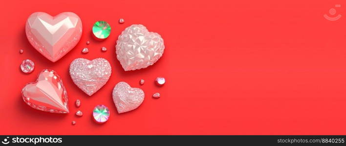 3D illustration of heart like crystal diamond for valentine’s day banner and background