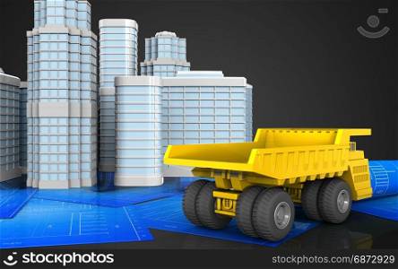 3d illustration of heavy truck with urban scene over black background. 3d of heavy truck