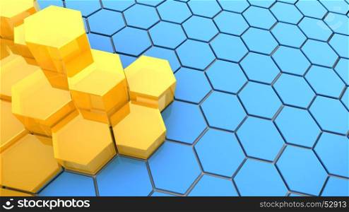 3d illustration of hexagons background, orange and blue colors