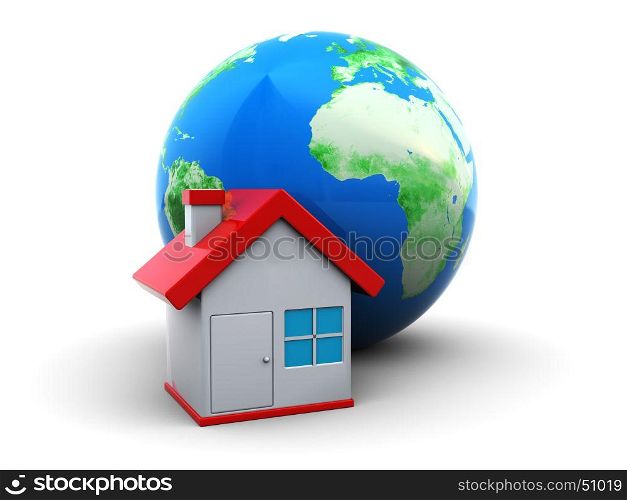 3d illustration of home icon or symbol with earth globe