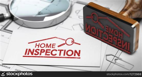 3D illustration of home inspector business card with rubber stamp, magnifier and blueprint. Home inspector, Buyer or Seller Property inspection.