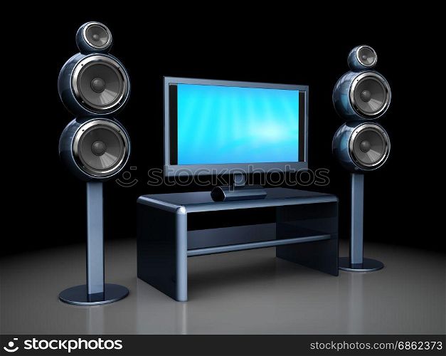 3d illustration of home theater electronics over dark background