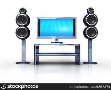 3d illustration of home theater electronics over white background