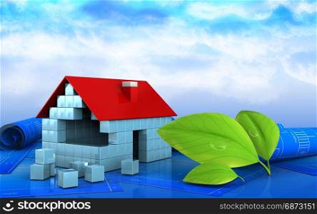 3d illustration of house blocks construction over sky background. 3d blank