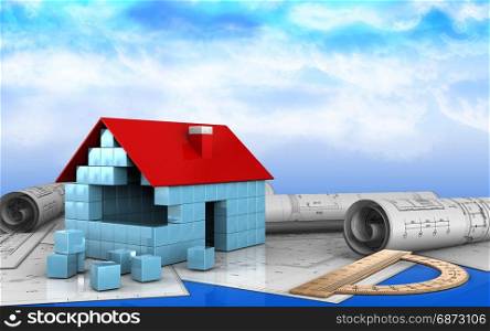 3d illustration of house blocks construction over sky background. 3d drawings rolls