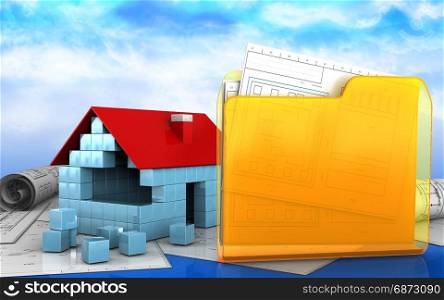 3d illustration of house blocks construction over sky background. 3d of folder