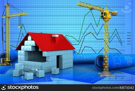 3d illustration of house blocks construction with crane over graph background. 3d