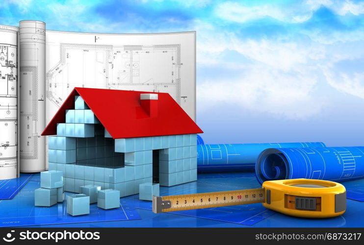 3d illustration of house blocks construction with drawings over sky background. 3d